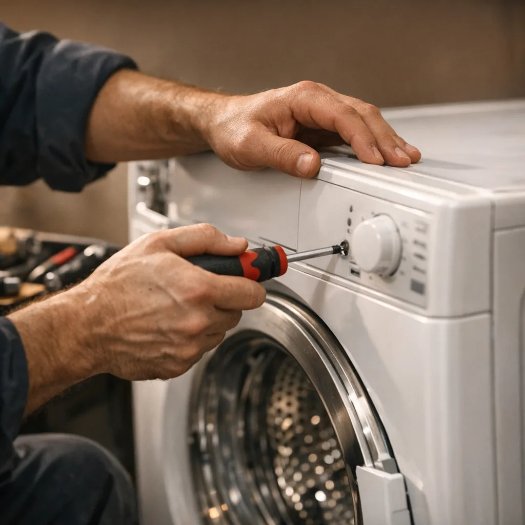Mani del tecnico di GMC Tecnoservice mentre riparano una lavatrice